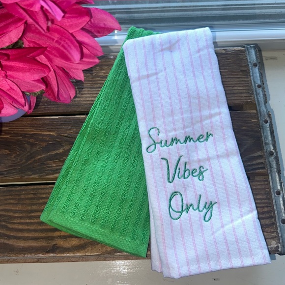 Source Unknown Other - Summer Vibes Only Embroidered Kitchen Towels -White/Pink & Green - New